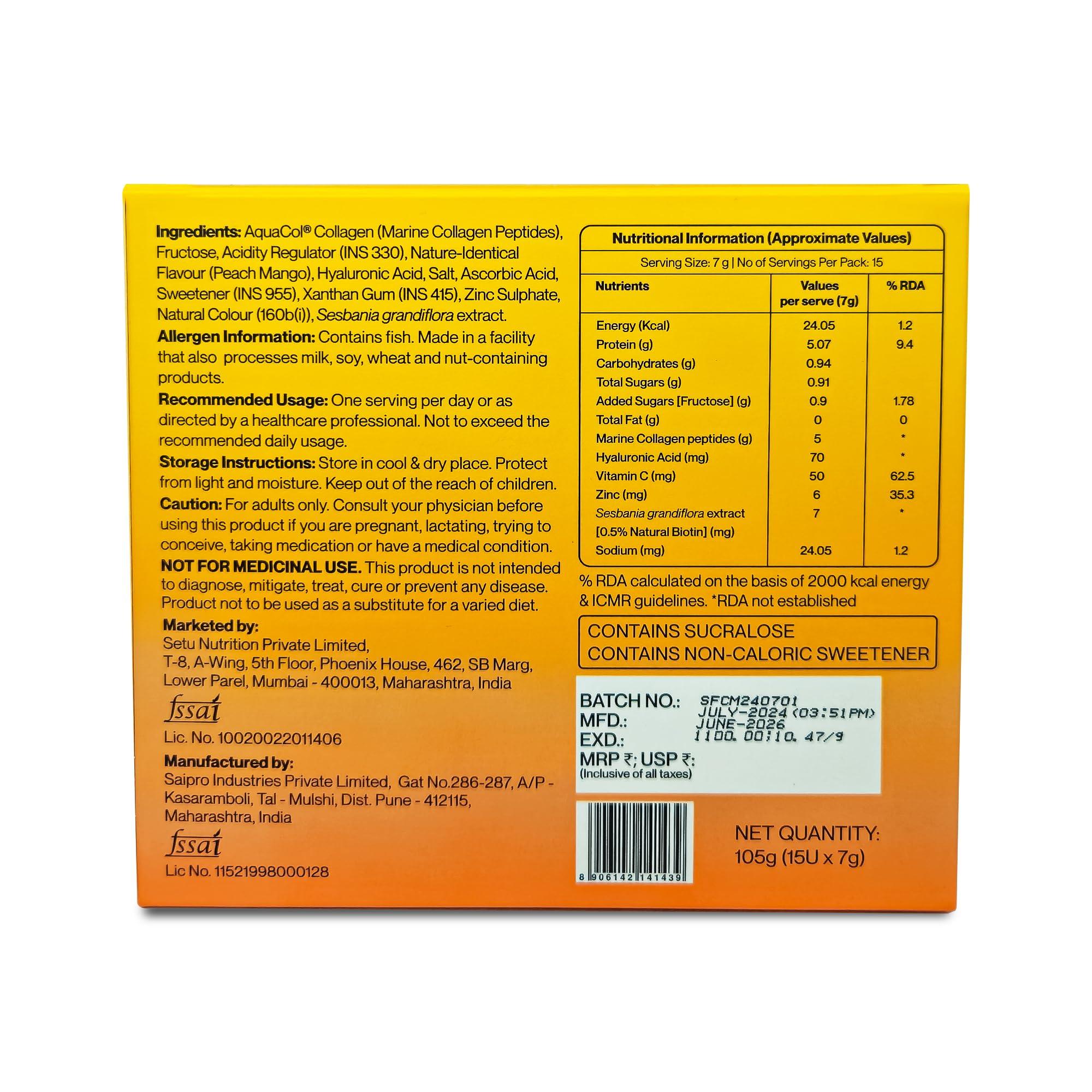 SETU Setu Skin: Youthful Marine Collagen Powder (15 Sachets) | Collagen Supplements for Women & Men | Hydrolyzed Type 1 & 3 Collagen for Healthy Skin, Hair & Nails | Peach Mango Flavor