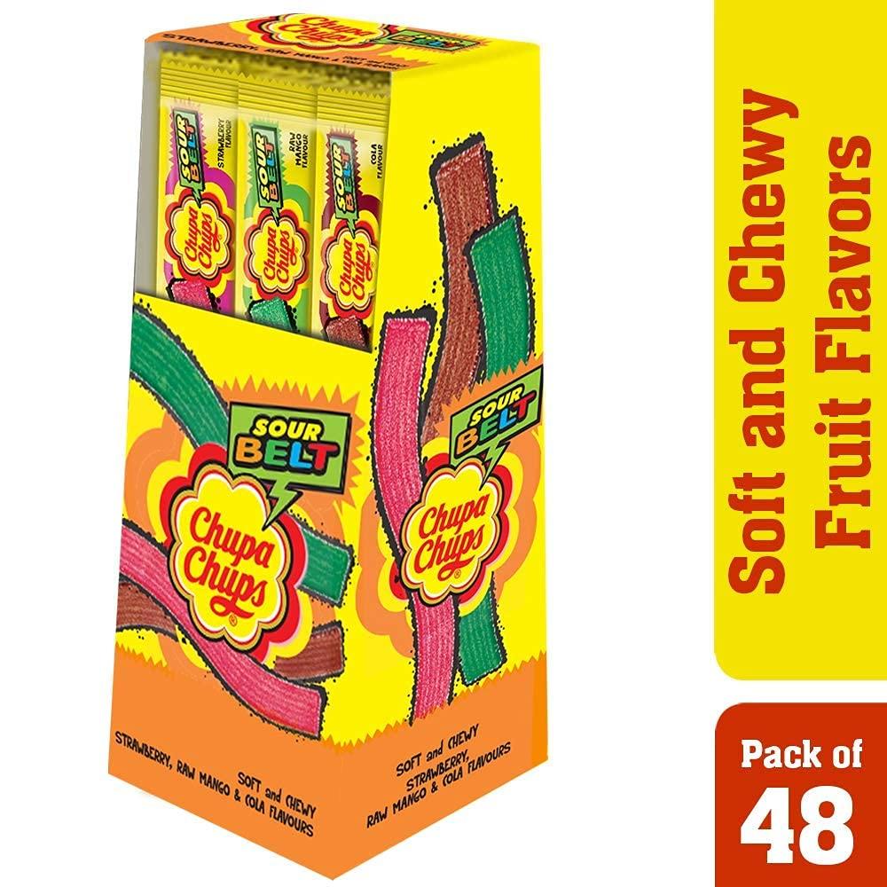 Chupa Chups Chupa Chups, Sour Belt, Mixed Fruit Flavour, Soft & Chewy Toffee Pack, 480 g (Count of 48)