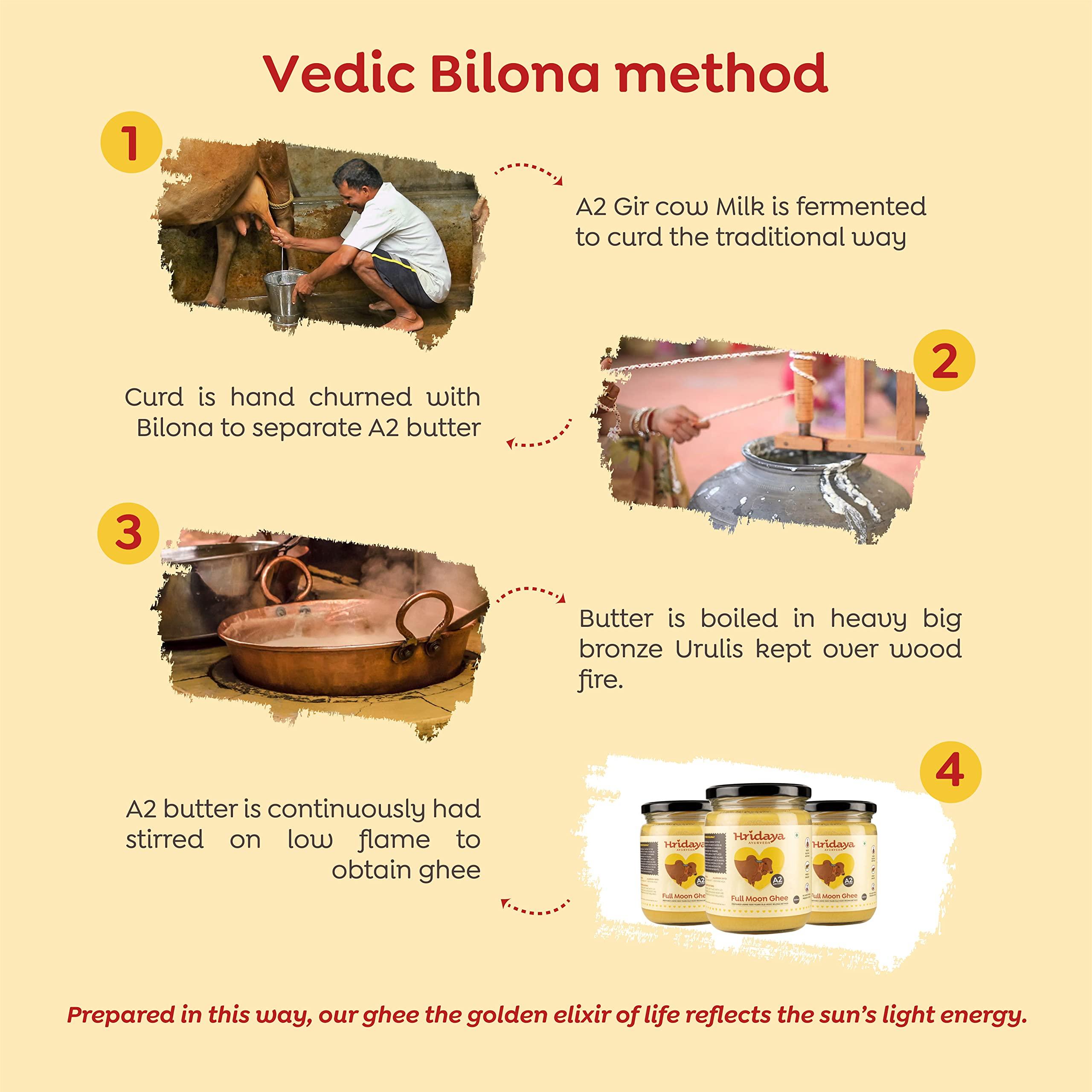 HRIDAYA AYURVEDA Hridaya Ayurveda A2 Gir Cow Ghee 500 ml - Vedic Bilona Method Curd Churned Ghee from Freely Grassed Cow - Unadulterated & Healthy Full Moon Cultured Cow Ghee