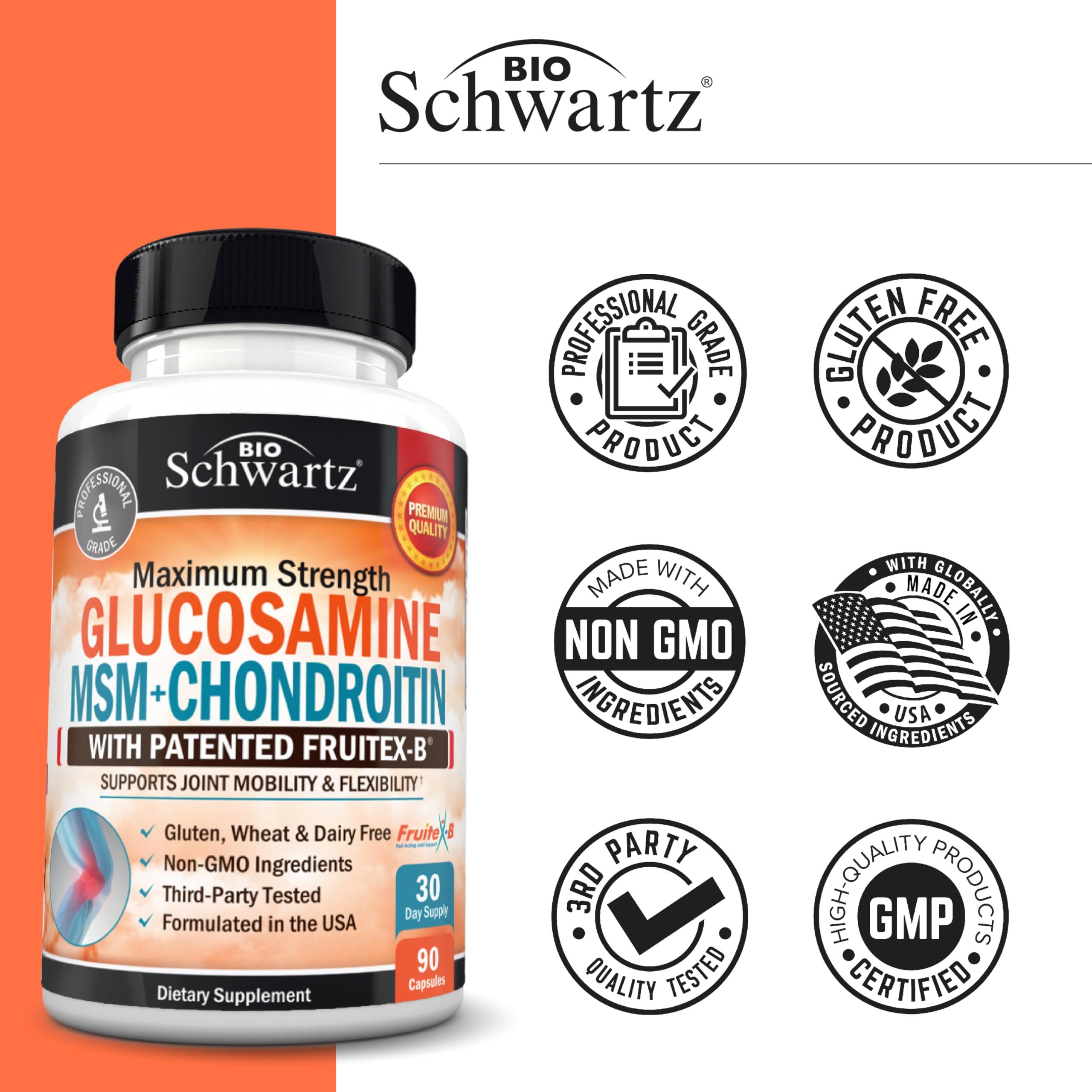 BioSchwartz BioSchwartz Glucosamine Chondroitin MSM Turmeric with Patented Fruitex-B. Extra Strength Joint Pain Relief Pills for Back, Knees, Hips, Hands