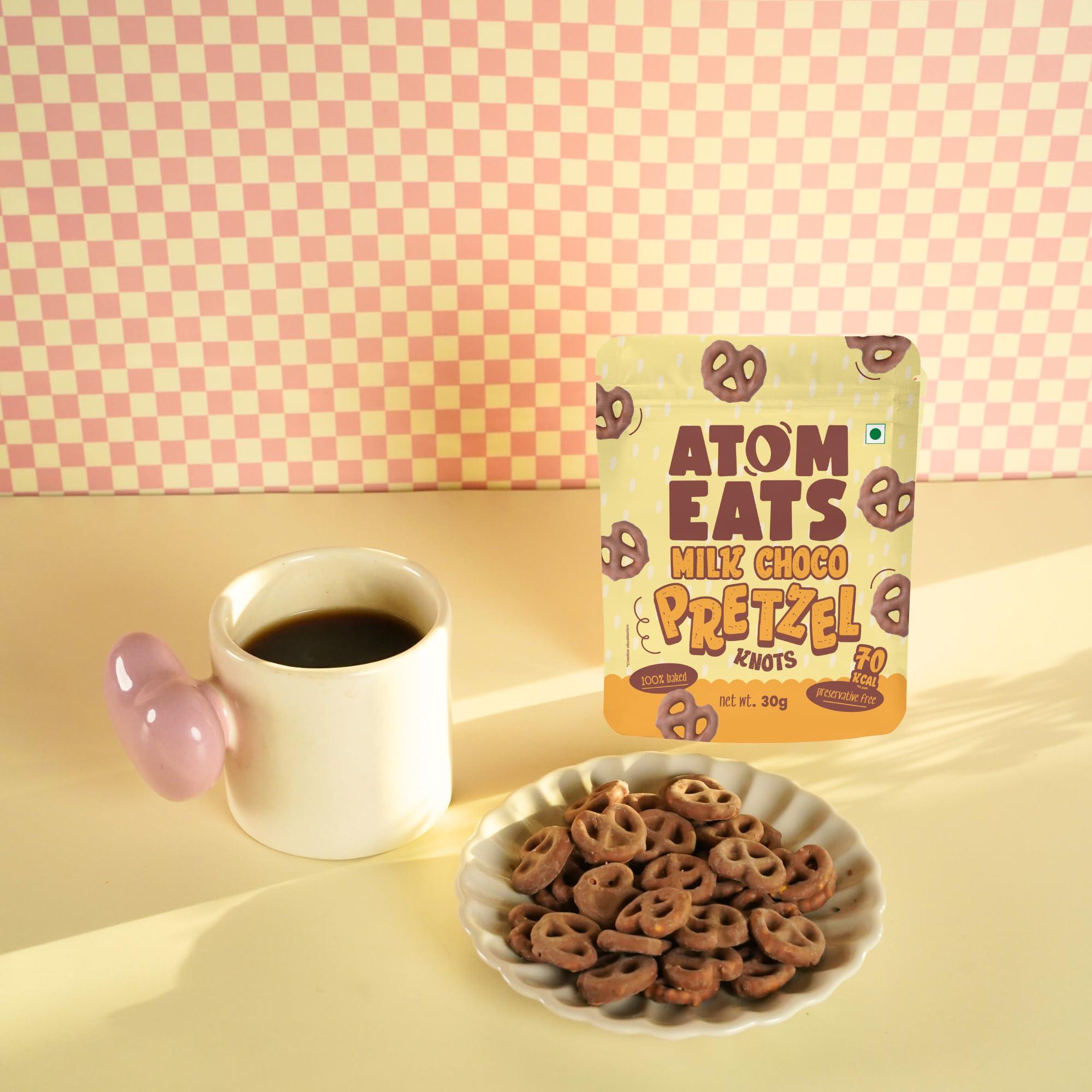 Atom Eats Atom Eats | Milk Choco Dipped Pretzels: Choco Dipped Mini Salted Pretzel Knots 100g - Rich Milk Chocolate - Perfect Snacks for Sharing, Parties - Imported Chocolates, Versatile Delight