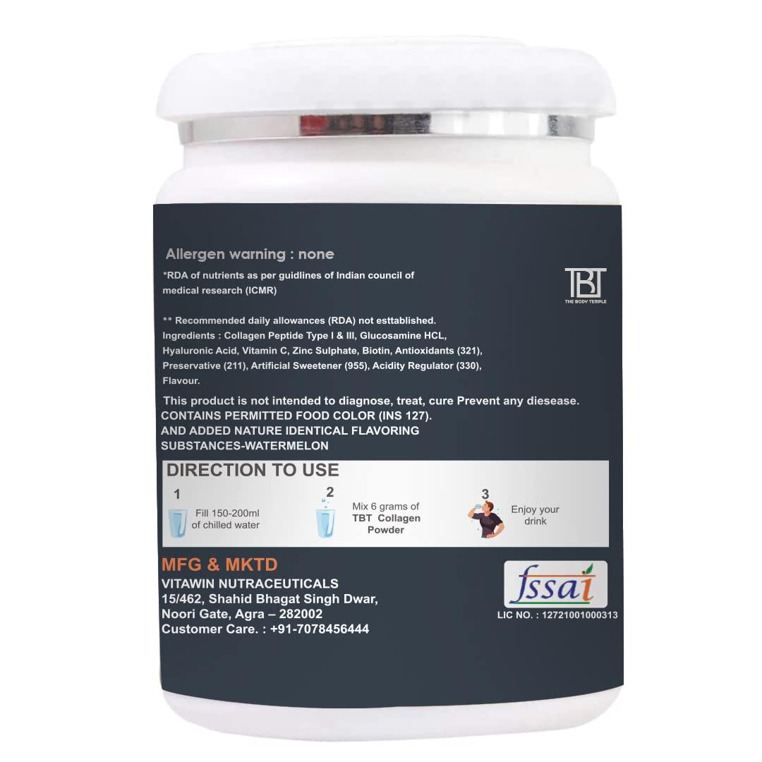 TBT The Body Temple The Body Temple Type I and III Marine Collagen with Hyaluronic Acid, Biotin & Vitamin C - No Smell - Easy to Mix - For Skin, Hair & Nails 250gm (Watermelon)