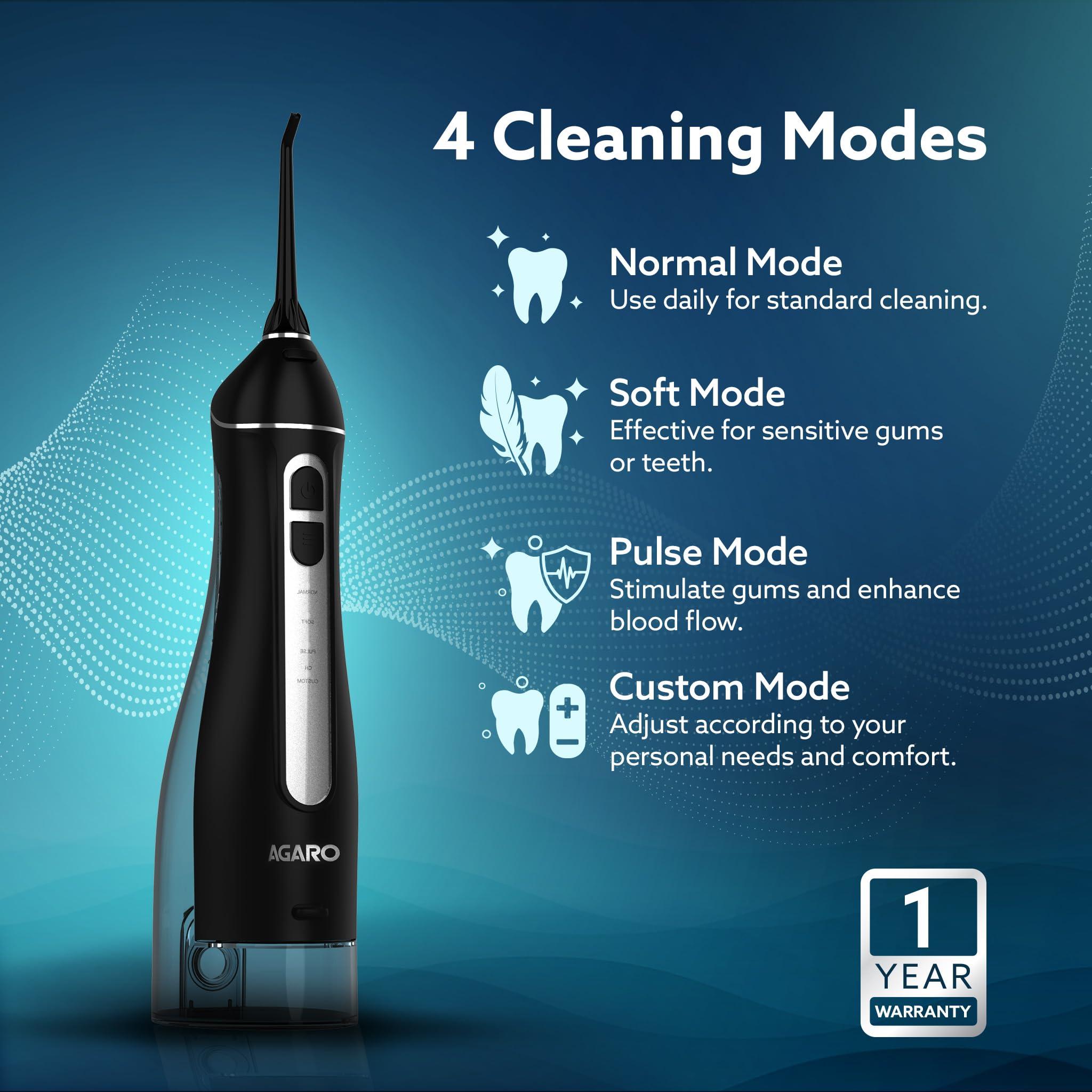 AGARO AGARO Ultra Plus Dental Flosser for teeth, Portable, Cordless & Rechargeable, 4 Cleaning Modes, IPX7 Waterproof, 300ml Water Tank, Flossing at Home & Travel, Oral Flosser, Oral Irrigator Black