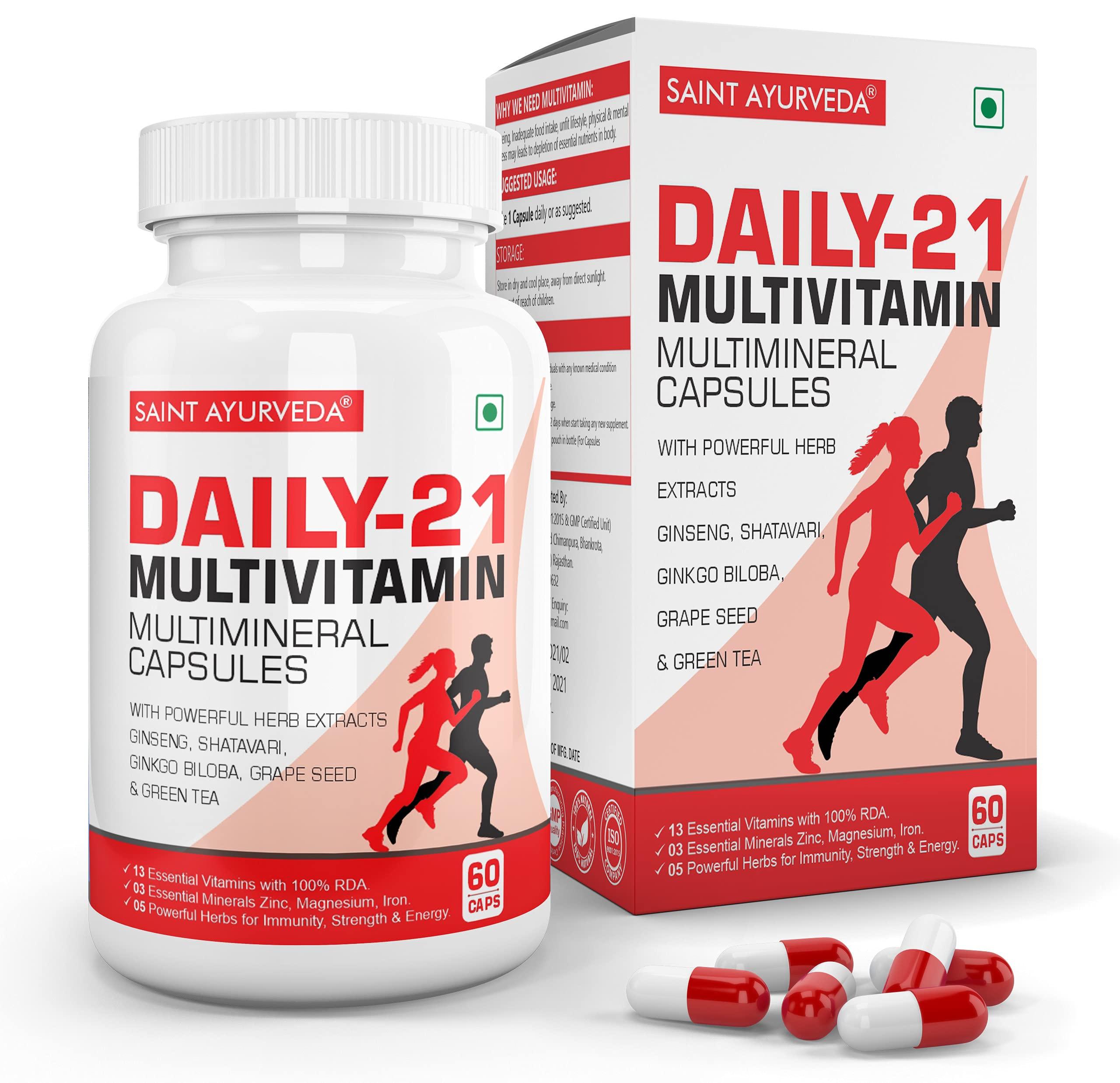 Saint Ayurveda Saint Ayurveda Daily 21 Multivitamin for Men & Women with All 13 Vitamins, Minerals & 5 Powerful Herbs (60 Capsules)