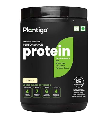 PLANTIGO Plantigo Protein Powder 24g Plant Based Protein, 3g BCAA, 2g Leucine, 3g Fiber, 4x Fast Digestion, 95% Bioavailability, 3x Anti Oxidants, Anti Inflammatory, Vitamins, Minerals - Vanilla Flavored 500g