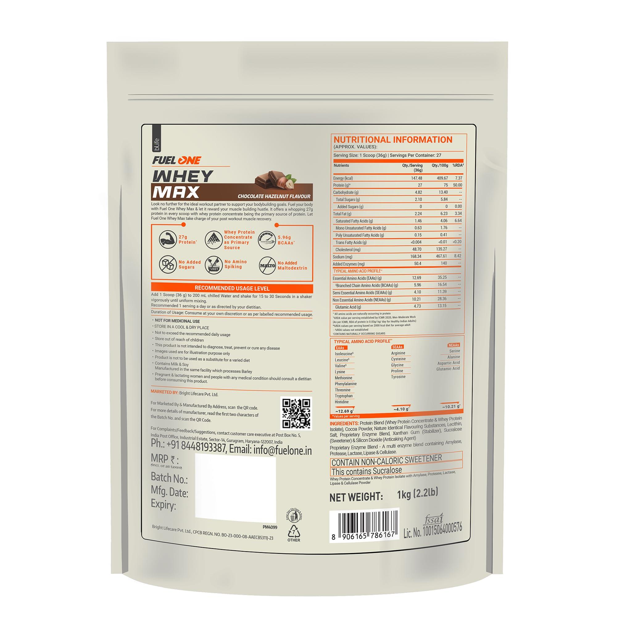 FUELONE FUELONE Whey Max (Chocolate Hazelnut, 1kg / 2.2lbs), 27g Protein | Whey Protein Concentrate & Whey Protein Isolate
