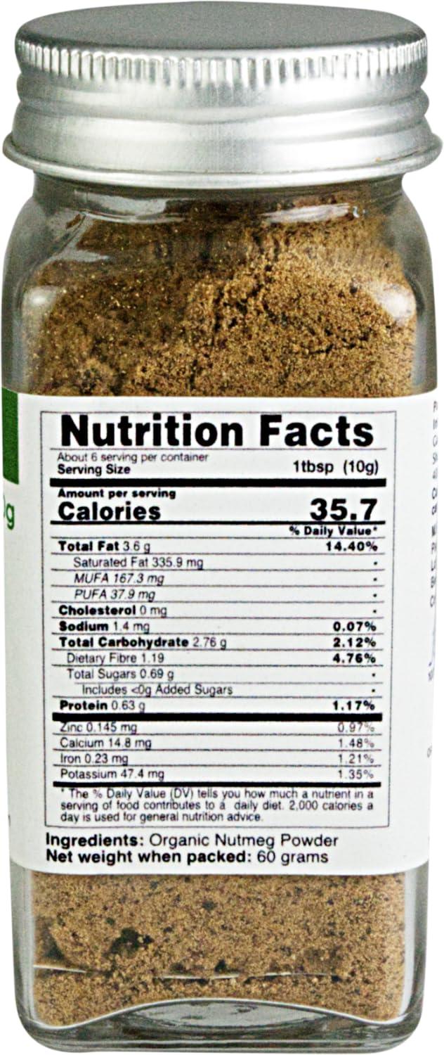 Pure Tree Pure Tree Certified Organic Nutmeg Powder | 60 g | Glass Jar | Grounded Jaiphal Powder Jathikai Powder | Organic Jaifal Powder for Baby | Jayfal, Myristica Fragrans