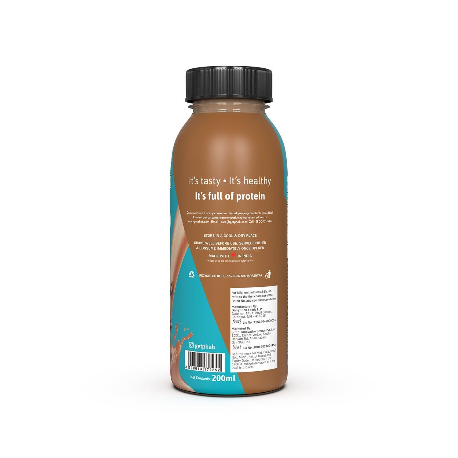 Phab Phab Cold Coffee Protein Milkshakes with 18g Protein & No Added Sugar | Gluten-Free & Gut-Friendly, Trans Fat Free | Rich Source of Fibre & Pre-biotics | Healthy & Delicious Protein Shake (200ml, Pack of 6)
