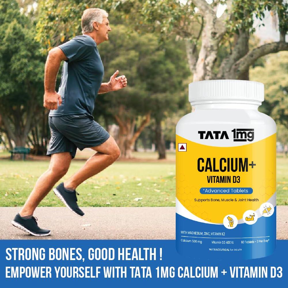 TATA 1MG TATA 1mg Calcium & Vitamin D3 supplement with Zinc, Magnesium & Alfalfa | High absorption Calcium Citrate Maleate form | 500mg Calcium & 400iu Vitamin D3 | For strong bones & joints | 60 tablets