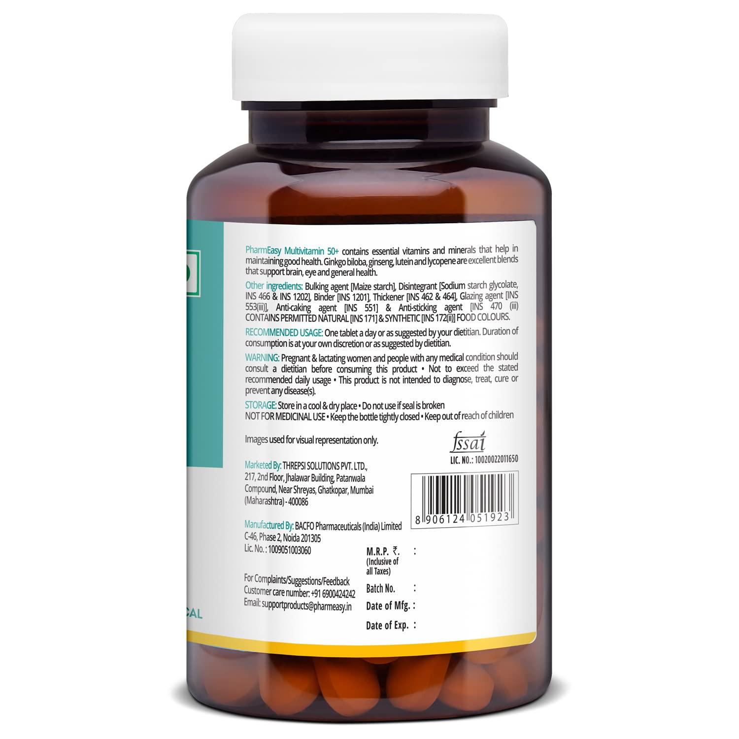 PharmEasy PharmEasy Multivitamin 50 Plus Age Tablets with Vitamins, Minerals, Herbal Extracts, Antioxidants, Immunity and beauty Blend for Energy, Heart, Bones and Skin Support - 60 Tablets