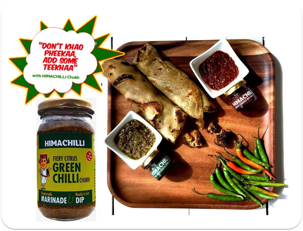 HIMACHILLI HIMACHILLI Green Chilli Chukh and Garlic Chilli Chukh Traditional Chamba Chukh from Himachal Pradesh- Fiery, Hot, Citrus, Green Chilli Pickle, Paste & Marinade - Pack of 2, (Each Bottle 200gm)