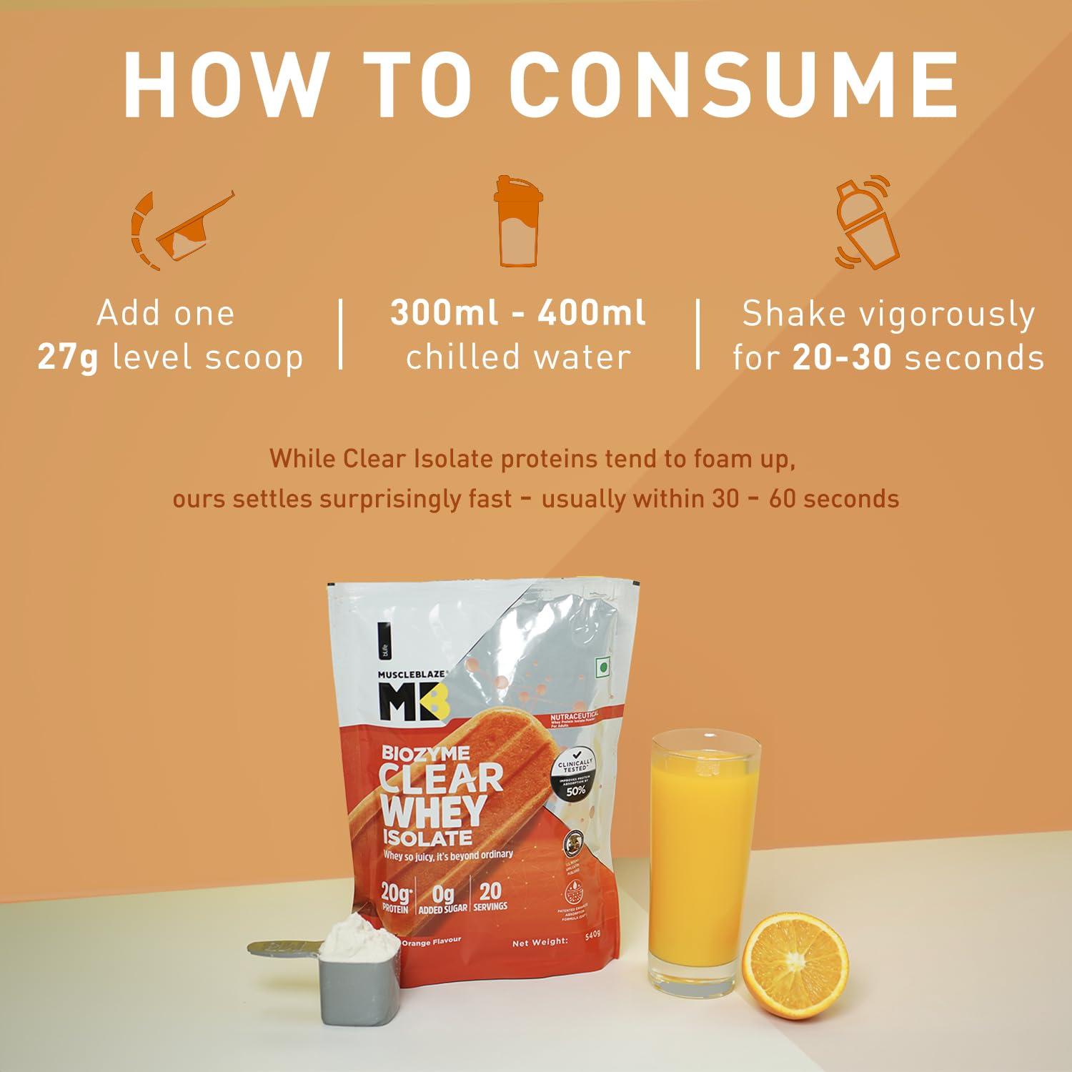 MuscleBlaze MuscleBlaze Biozyme Clear Whey Protein Isolate | 20g Protein, 92 Calories, Zero Added Sugar (Icy Orange Flavour, 20 Servings)