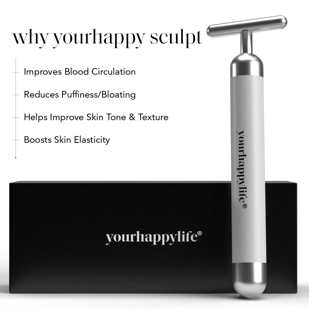 yourhappylife YourHappyLife Sculpt Face Roller T-Shaped electric (Battery Operated) Dermateq Silver Coated | Anti Wrinkle Massager for Forehead, Eye, Neck & Collar Bone (Silver Colour) | Skin Elasticity, De-Puff.