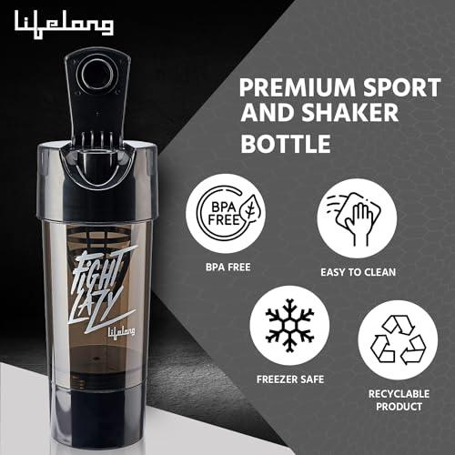 Lifelong Lifelong Protein Shaker|100% Leakproof Stylish Protein Shaker Bottle with Extra Compartment|BPA Free Sipper Bottle|Gym Bottle for Protein- 500ml (LLSHB02, Black),Plastic