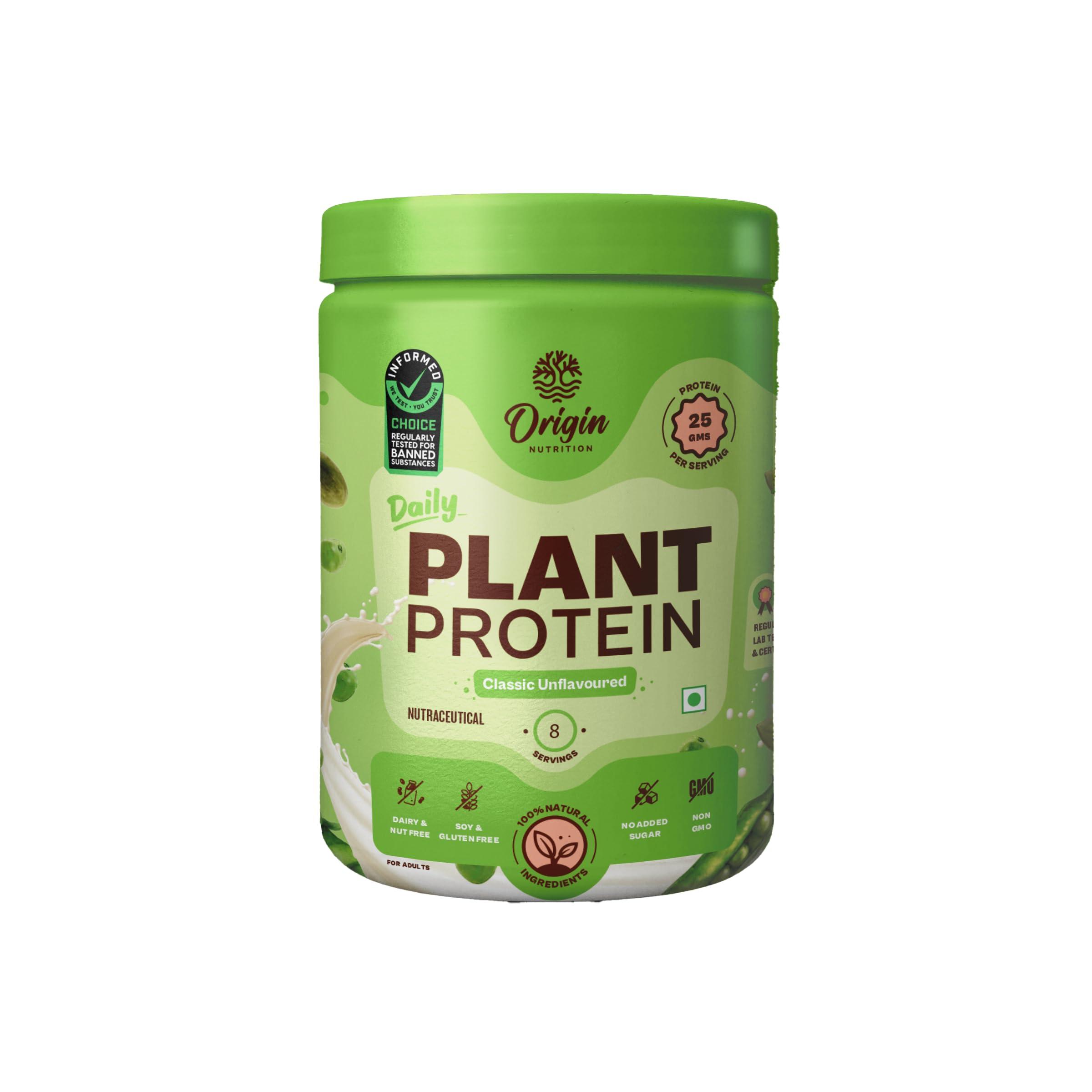 ORIGIN NUTRITION Origin Nutrition 100% Natural Vegan Protein Powder, Unflavoured with 25g Plant Based Protein, Gluten Free, Dairy Free, No Added Sugar, Soy Free, Non - GMO, Jain, 8 Servings, 260g
