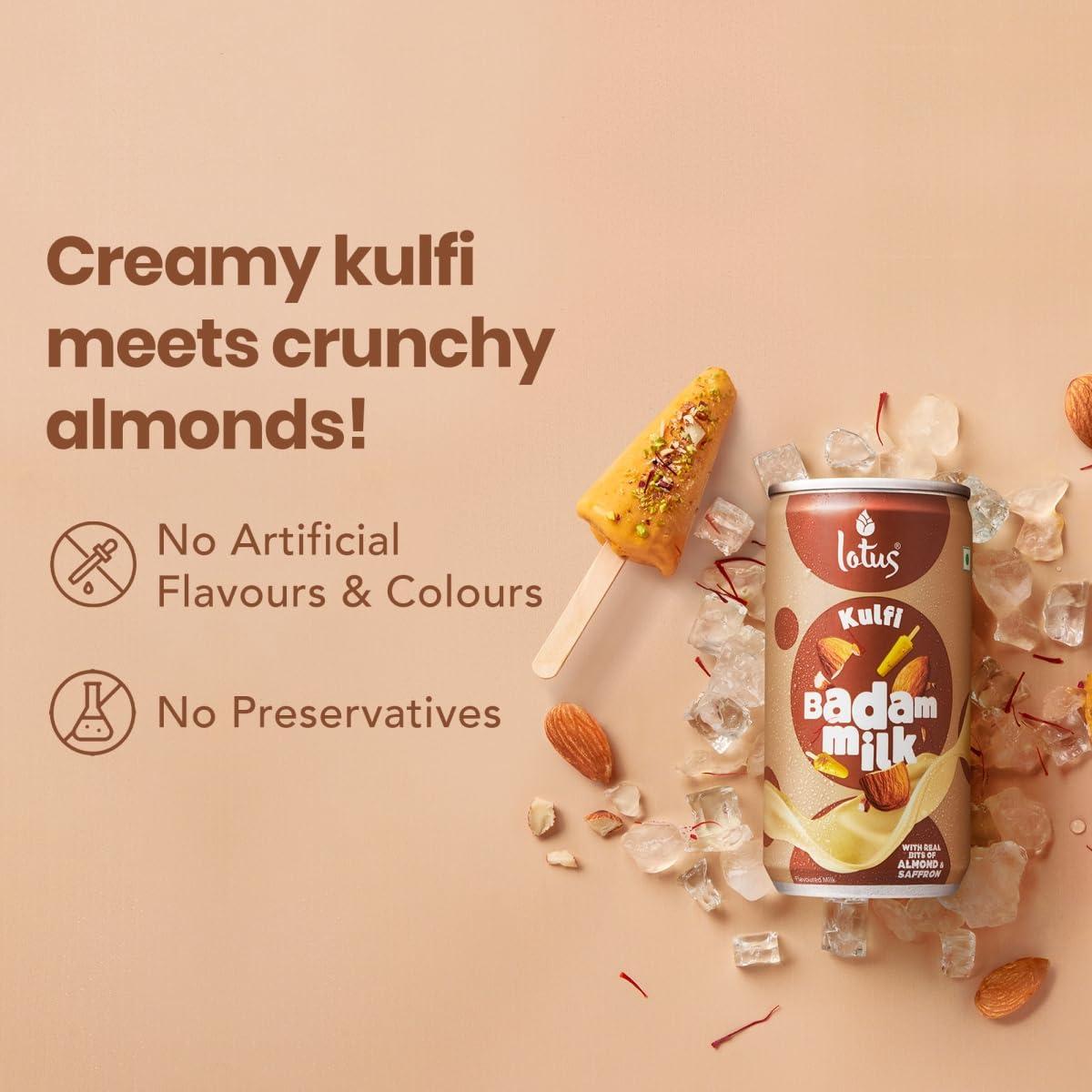 Lotus Lotus Kulfi Badam Milk, 180 ML Can | Pack of 6 | With Real Bits of Almonds and Saffron | No Preservatives | No Artificial Flavours and Colors | Rakhi Gift for Sister and Brother