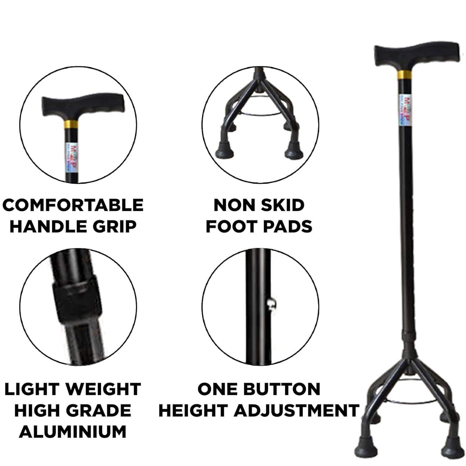 MCP MCP Jindal Aluminium Elevated Black Quadripod Adjustable Four Legged Walking Stick for Old People Support, Men, Women, 4 Leg Cane Stick (Black)