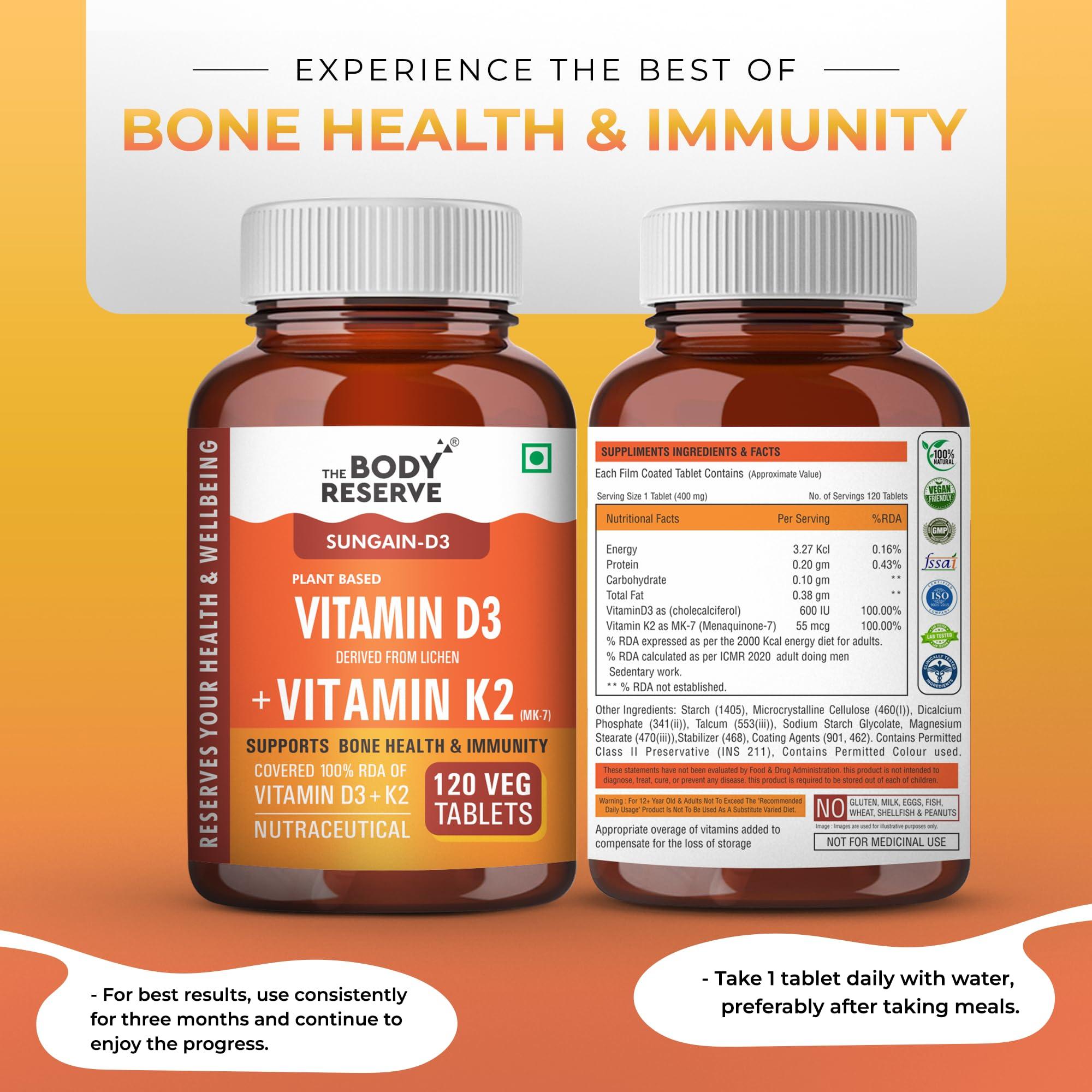 The Body Reserve The Body Reserve Vitamin D3 K2 MK7-120 Veg Tablets, 100% RDA Plant-Based Vitamin D3 Supplement from Lichen Source with Vitamin K2 as MK7 Menaquinone