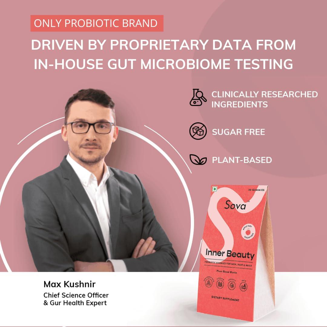 SOVA Sova Probiotic Plant Based Biotin Gummies | Acne Prevention & Glowing Skin | Prebiotics + 5 Billion CFUs Probiotics |10000 mcg Plant-Based Biotin, Hyaluronic Acid, Vitamin C, Amla | 30 Vegan Sugarless Gummies | Inner Beauty