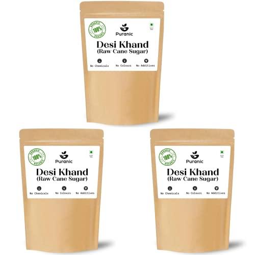 Puranic Puranic Desi Khand | Organic Khandsari Sugar 2700g (Pack of 3) Chemical & Pesticides Free | Organic Sugarcane | Solvent-Free | Sulphur-free Khaand 2.7 Kg