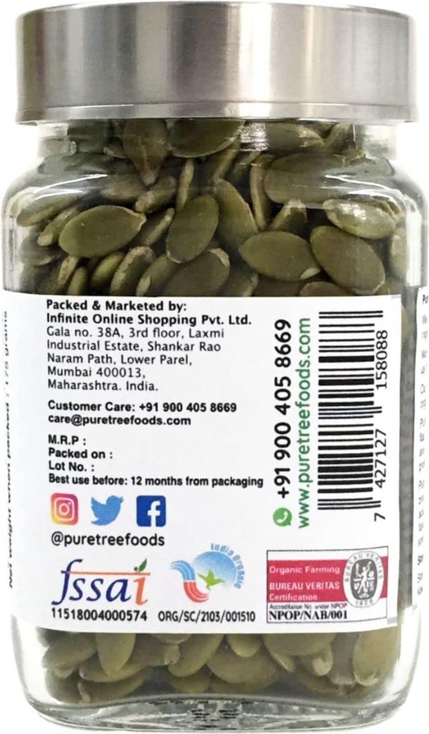 Pure Tree Pure Tree Certified Organic Pumpkin Seeds | 175 g | Glass Jar | Kaddu ke Beej | Organic Seeds for Eating Good Source Of Omega 3 | Raw Pumpkin Seeds Organic Superfood