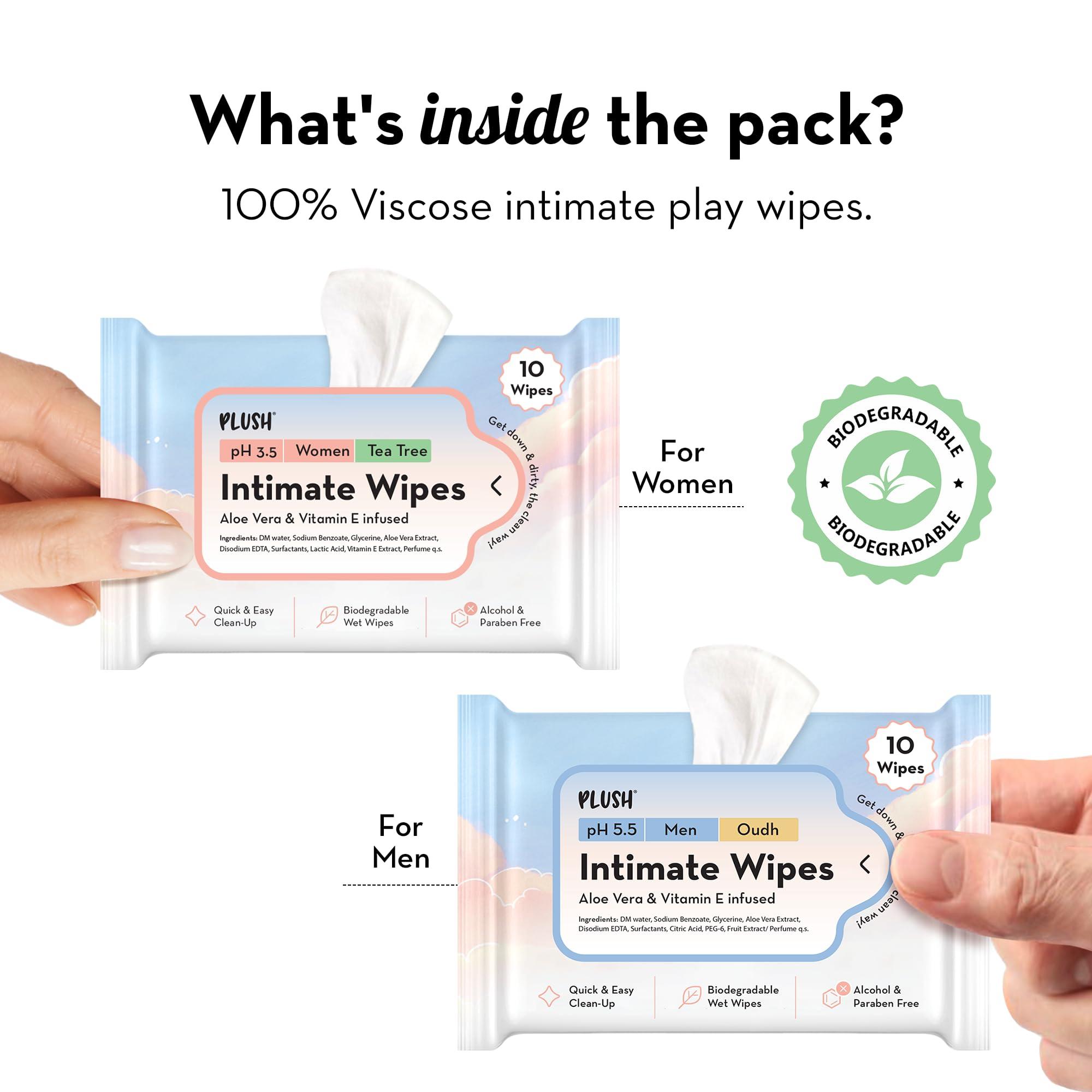 PLUSH Plush Dotted Condoms(10 count) & Play Intimate Wipes For Women & Men (Pack of 10) Combo