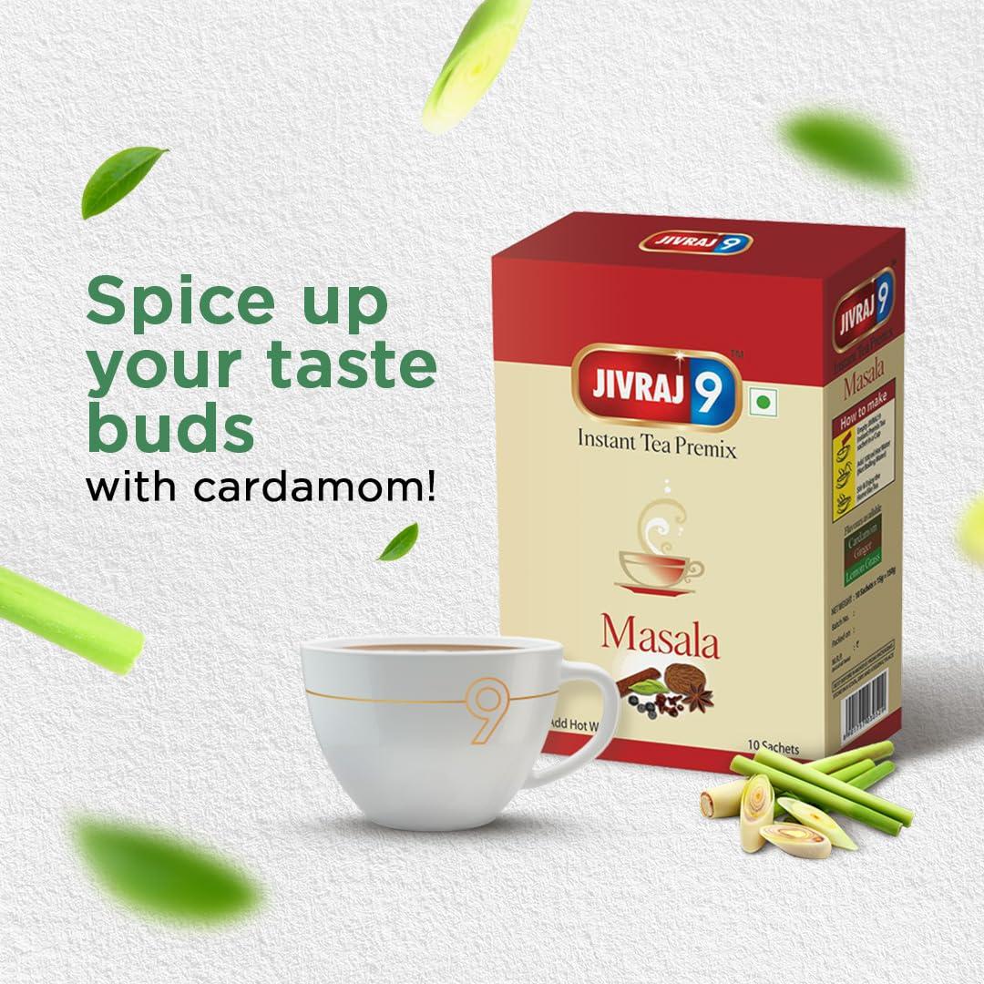 Jivraj 9 Jivraj 9 Combo Pack of Instant Tea Premix, Masala Instant Tea Premix (Pack of 3) & Cardamom Instant Tea Premix (Pack of 1), 10 Sachets Each, Pack 4