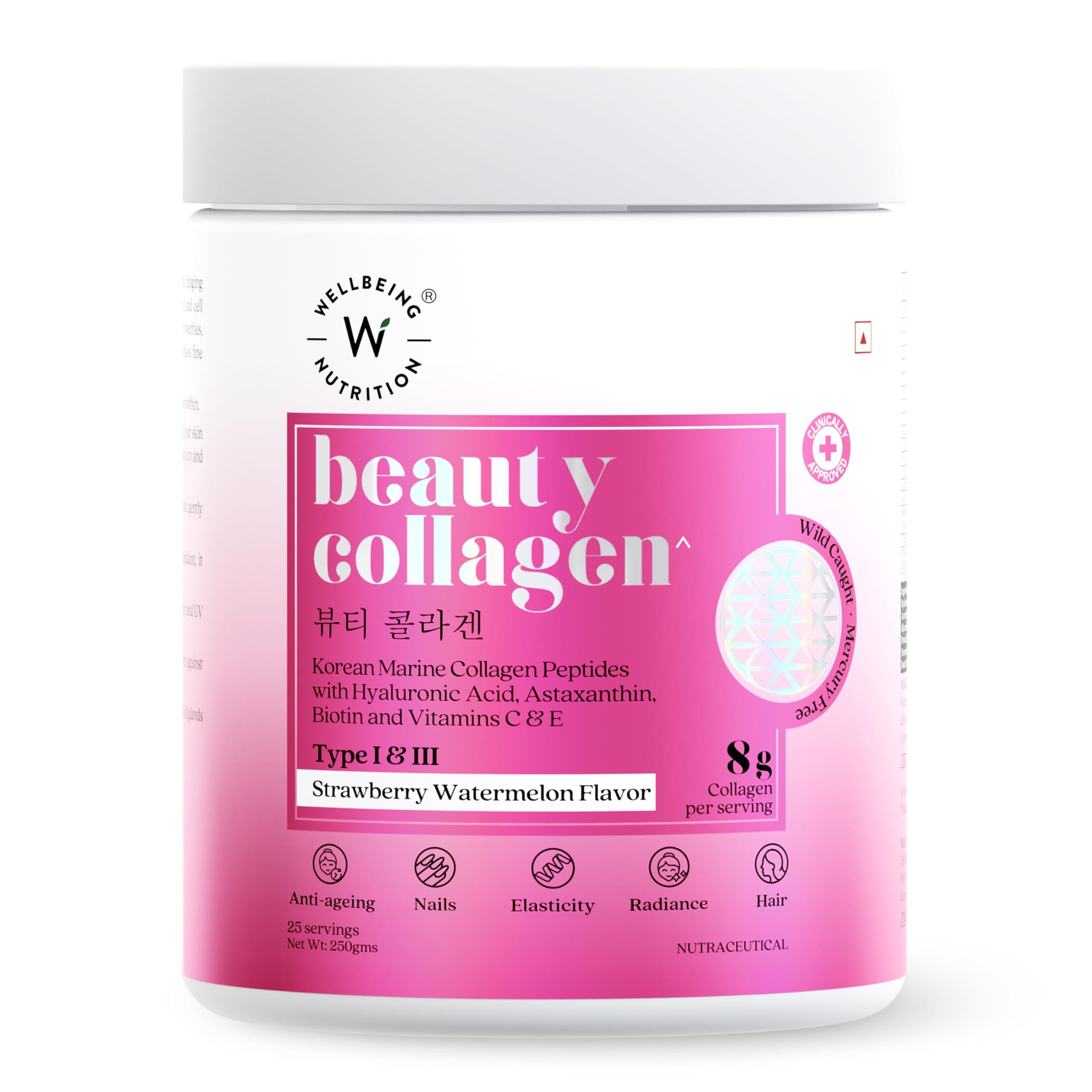 WELLBEING NUTRITION Wellbeing Nutrition Korean Beauty Marine Collagen Skin Radiance Peptides | Biotin, Vitamin C, E, Hyaluronic, Astaxanthin | Clinically Proven Healthy Skin,Hair & Nails | Strawberry Watermelon, 250gms