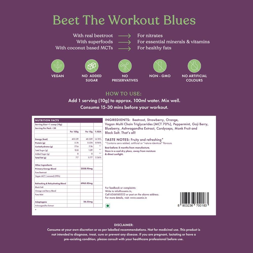 cosmix Cosmix Pure Plant Pre-Workout|For Caffeine-Free Energy&Endurance|For Muscle Recovery|60G (50 Servings)|Beetroot Nitrates&Coconut Mcts|No Preservatives/Added Sugar|Vegan|200G(Pack Of 1),Powder