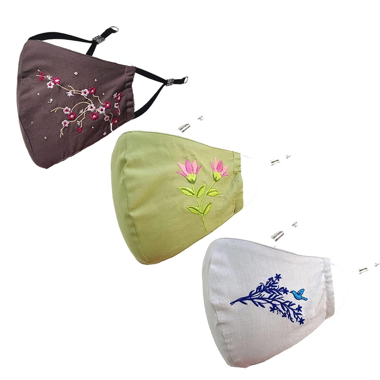 Malka Shaila's Couture Embroidered Face Mask PACK OF 3 - For Women, Adjustable Earloops, Washable, Reusable (Charcoal, Green, Grey)