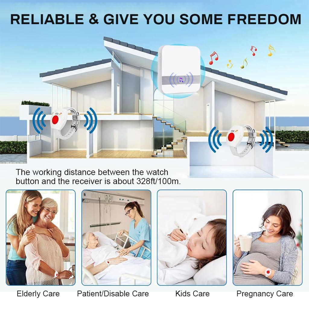 Supvox Supvox Pager Wireless Life Alert Systems for Seniors 80 M, (2 Call Buttons + 1 Receiver) Portable Pager Devices Wireless Caregiver 52 Ringtones, Home Travel Panic Buttons with Wrist Band