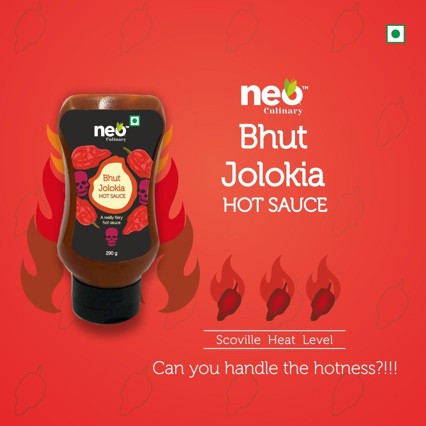 Neo Neo Bhut Hot Sauce 290g I Made of Ghost Peppers (Bhut Jolokia) I P1 I Extra Spicy Chilli Sauce I Topping & Dip for Snacks, Mix with Cheese, Mayonnaise I Ready to Eat Food I Farm Fresh I 100% Vegan I 290g (Pack of 1)