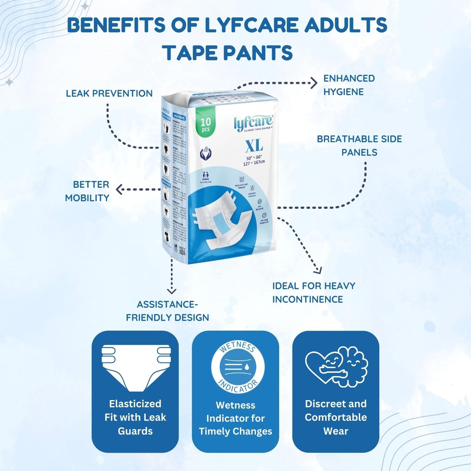 lyfcare Lyfcare Open Tape Adult Diaper Extra Large (XL) - 10 Units | Unisex Diapers Open Tape Style | Waist (127-167 cm) | Wetness Indicator, Super absorb, 360 Protection & 0% Leakage | For Men & Women