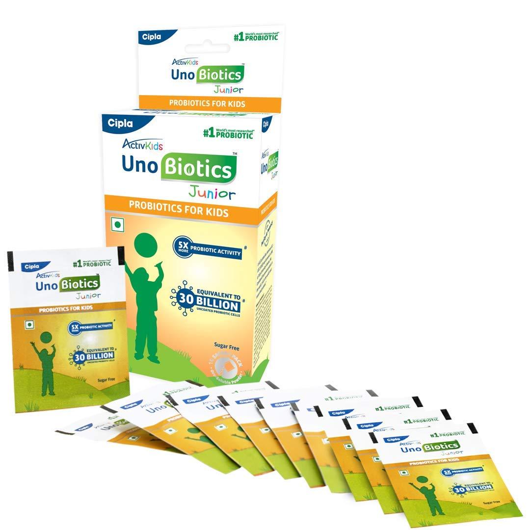 Cipla Cipla ActivKids Unobiotics Junior With 5X More Probiotic Activity |Powder Helps Build Immunity & Refills Good Bacteria | Probiotics for Kids - 10 Sachets