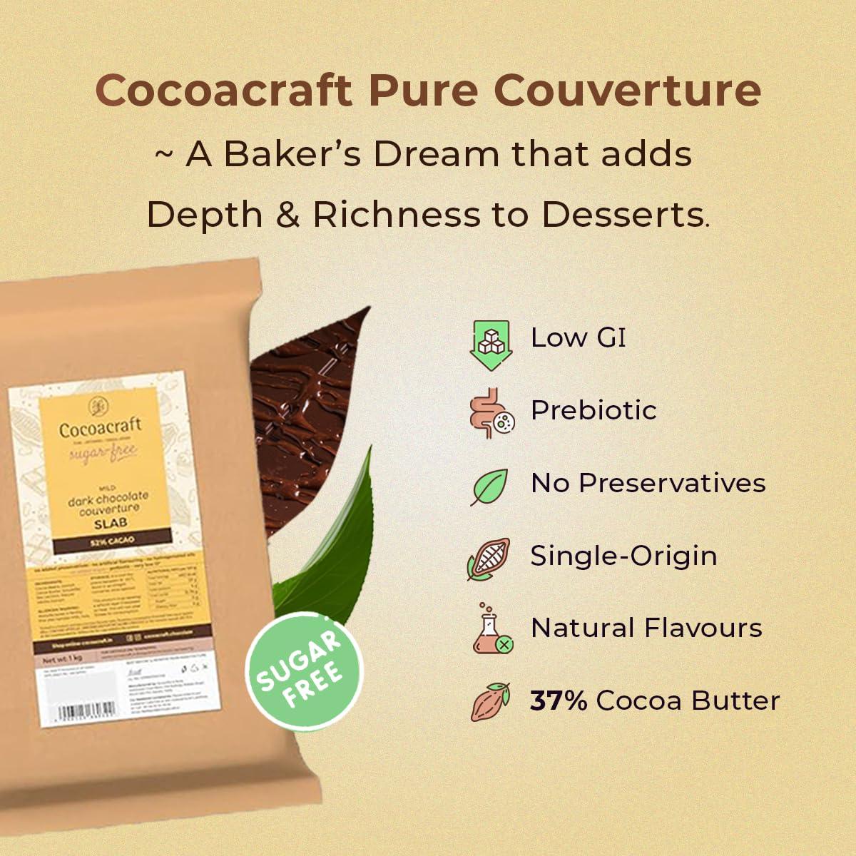 COCOACRAFT Cocoacraft 52% Mild Dark Chocolate Couverture Untempered Slab (1KG) Sugar Free Chocolate| 100% Natural |Handmade Artisinal Couverture Chocolate from Kerala| Used for baking and decoration