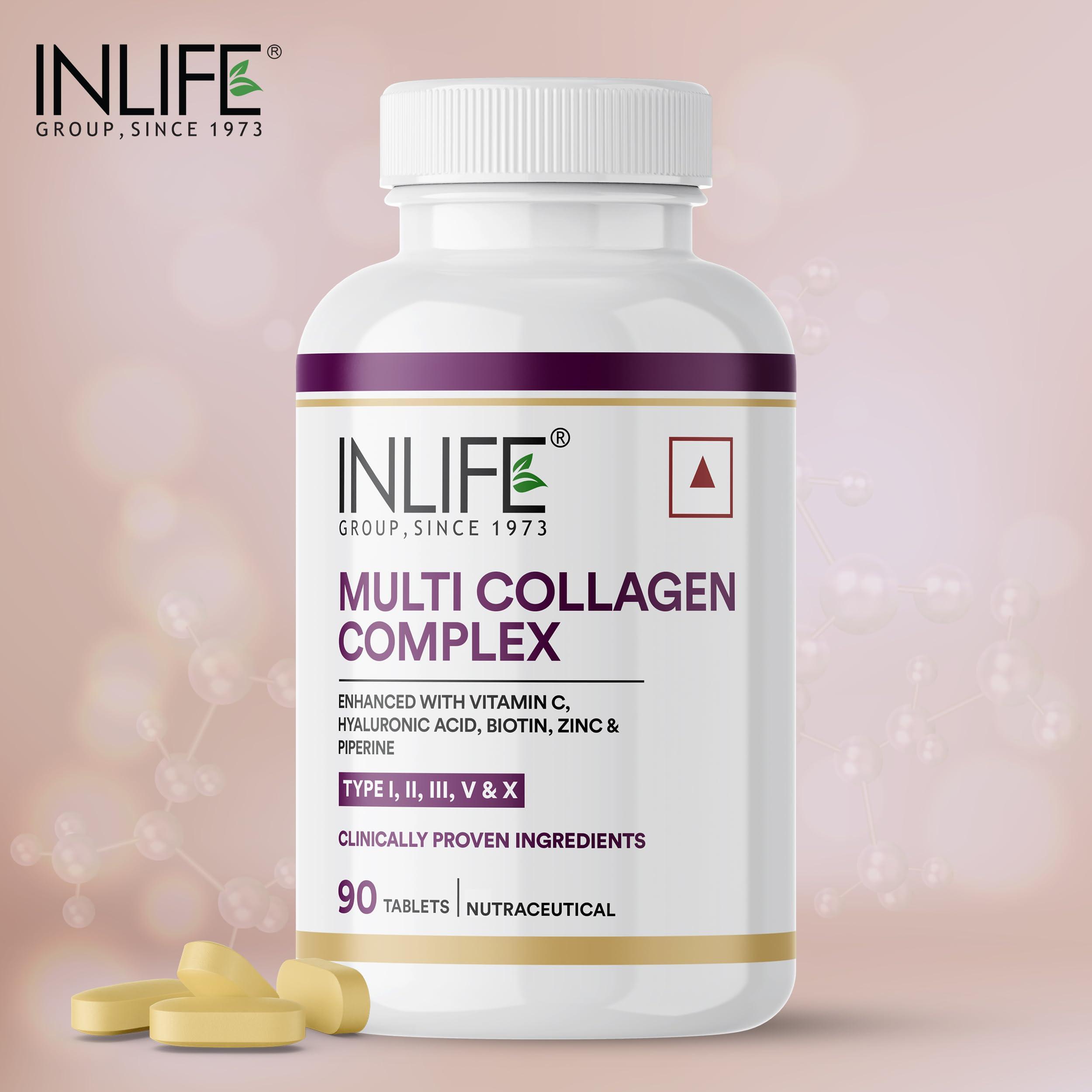 Inlife INLIFE Multi Collagen Complex Tablets | 5 Types Peptides I, II, III, V & X with Biotin, Hyaluronic Acid | Collagen Powder Supplements for Women & Men - 90 Tablets (Pack of 1, 90)