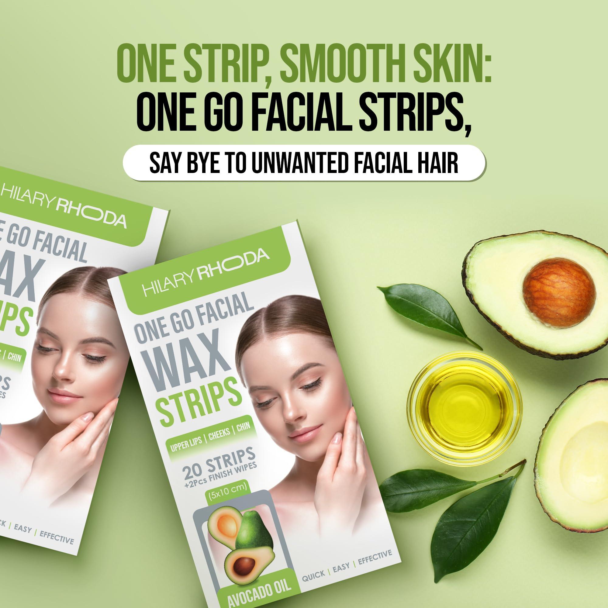 Hilary Rhoda Hilary Rhoda One Go Facial Wax Strips | Ready-To-Use Facial Wax Strips | Face, Cheek, Upper Lip & Chin Facial Wax | Painless Hair Removal | With 2 Finish Wipes | 20 Strips (Avocado Oil)