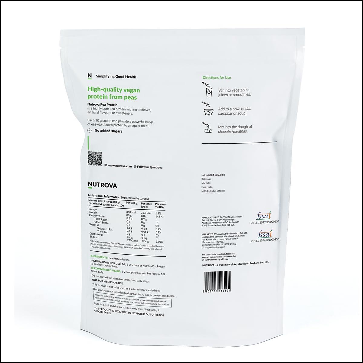 NUTROVA NUTROVA Pea Protein Powder, Vegan Protein Isolate 1 Kg | No Added Sugar, Artificial Sweeteners or Flavours | Vegan & Gluten-free | 80% protein content, 8g protein every 10g scoop