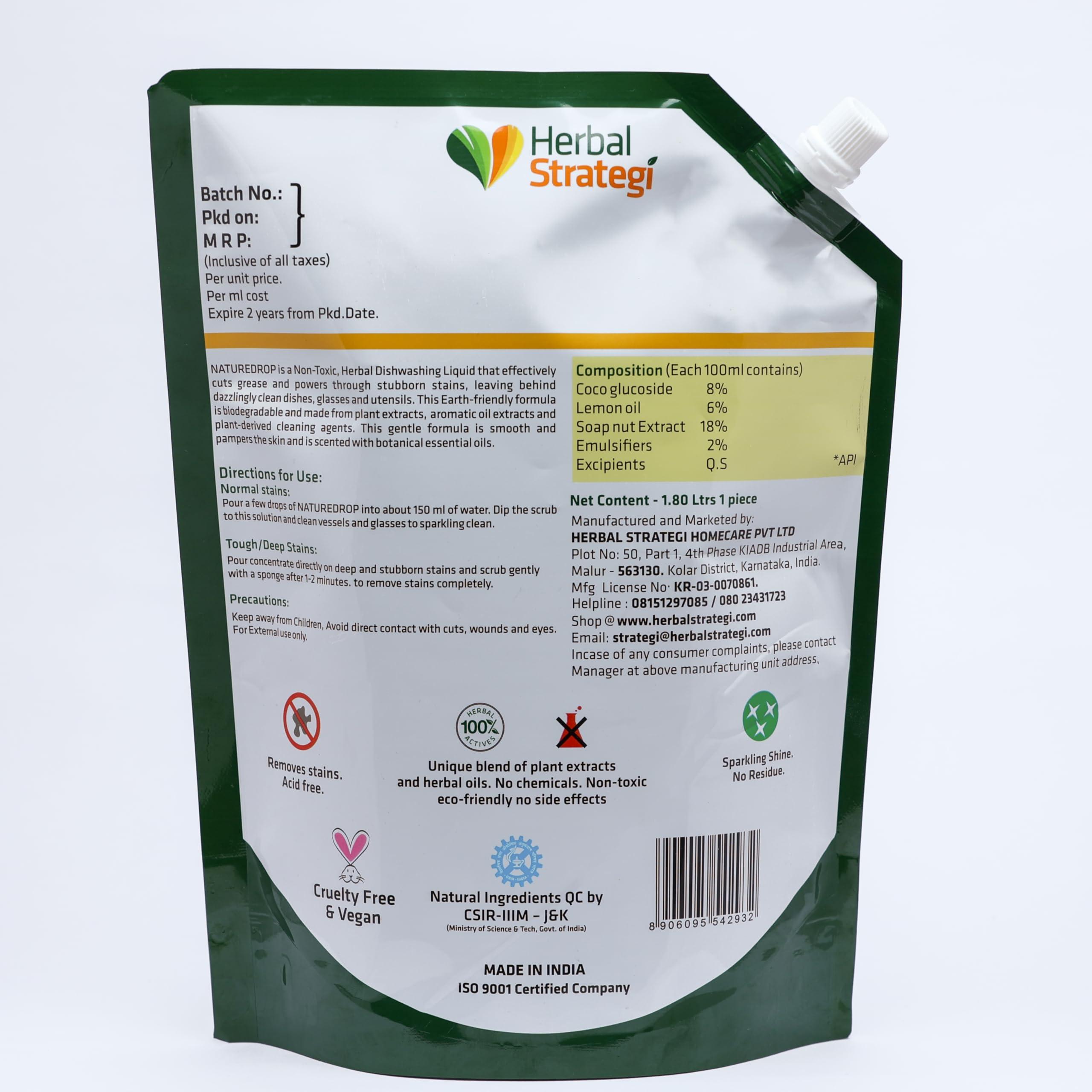 Herbal Strategi Herbal Strategi Dishwashing Liquid Gel - Natural & Vegan with Refreshing Lemon Oil | Soft on Hands | Certified Eco-Friendly & Non-Toxic | Baby and Pet Safe with 100% Herbal Actives | 1.8L Refill Pack