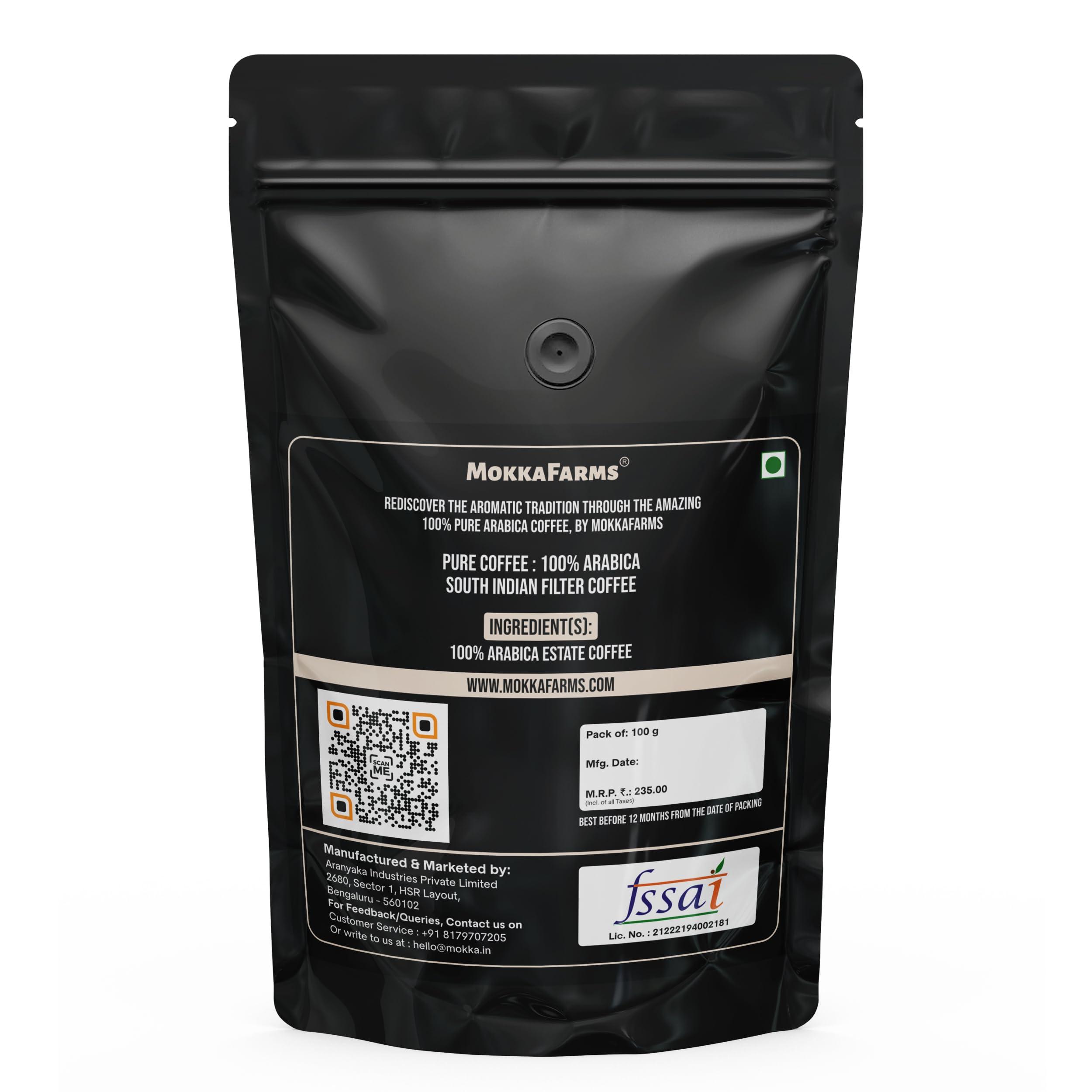 MOKKAFARMS MokkaFarms Traditional South Indian Filter Coffee - 100% Pure Arabica 100g | 0% Chicory | Fresh Roast & Ground, Pure, Rich, Flavor, Aroma | Farm to Fork, Estate Coffee | One-way Valve Zip-lock Bag |
