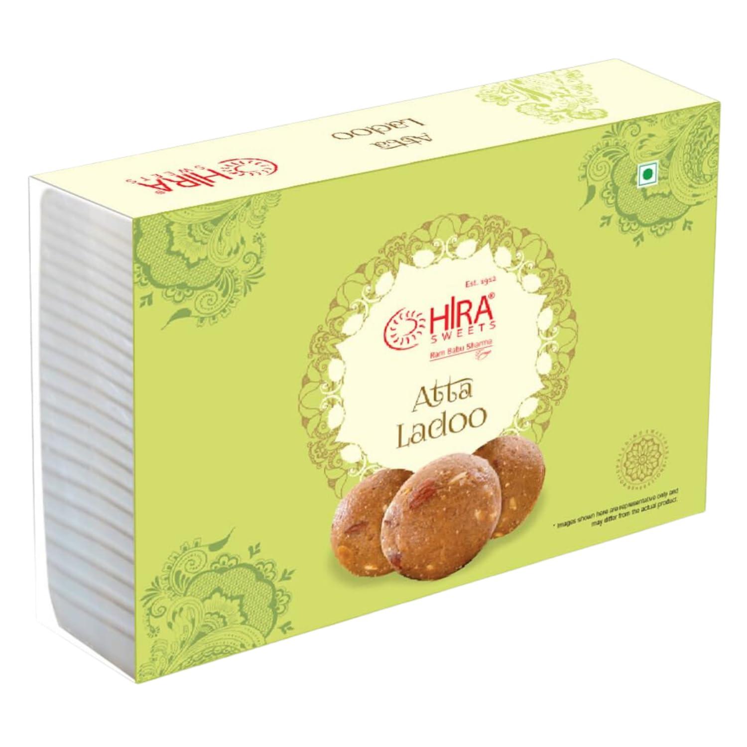 HIRA SWEETS HIRA SWEETS Atta Ladoo 500 g | Made with Pure Desi Ghee | Atta Laddu | Handcrafted Indian Traditional Sweets | Indian Mithai | No Added Colours or Flavors | Festival Indian Sweets Box