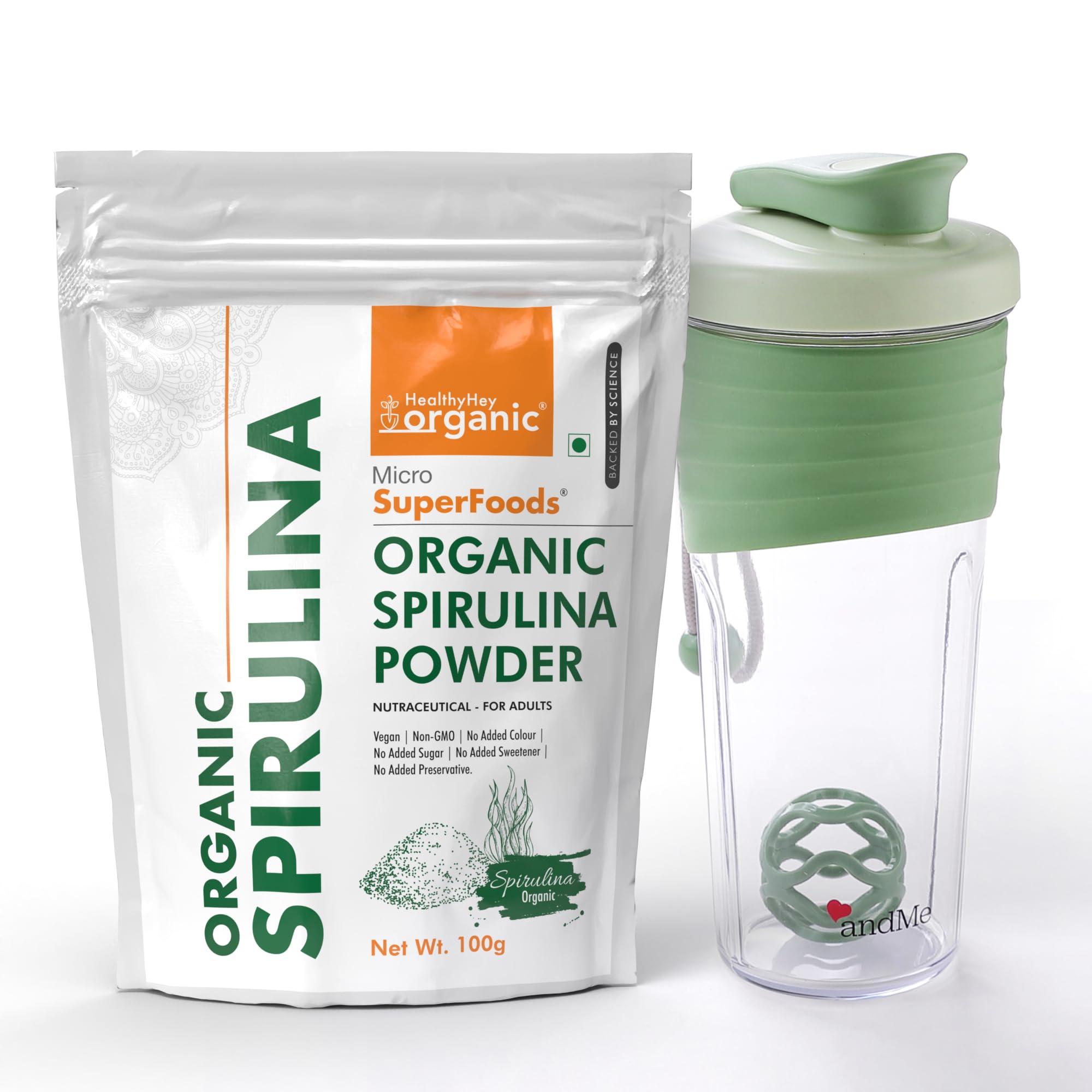HealthyHey Organic HealthyHey Organic Spirulina Powder Micro Superfoods, Rich in Protein, Vitamins & Minerals - 100 g + AndMe Protein Shaker Bottle Green (700ml) - Gym Shaker for Men and Women workout