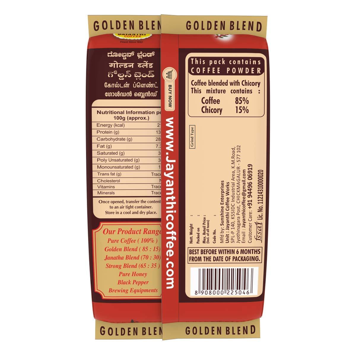 JAYANTHI JAYANTHI Golden Blend, Coffee Contains 15% Chicory, coarse or Filter Grind, 250g x 4, Bag