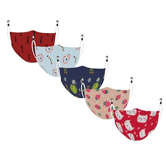 MAPLE MAPLE Boy's and Girl's Cotton Cute Designer Reusable Washable Breathable Face Mask with Adjustable Earloops Without Valve Multicolour (PACK OF 5) (Age 7-14 Years)