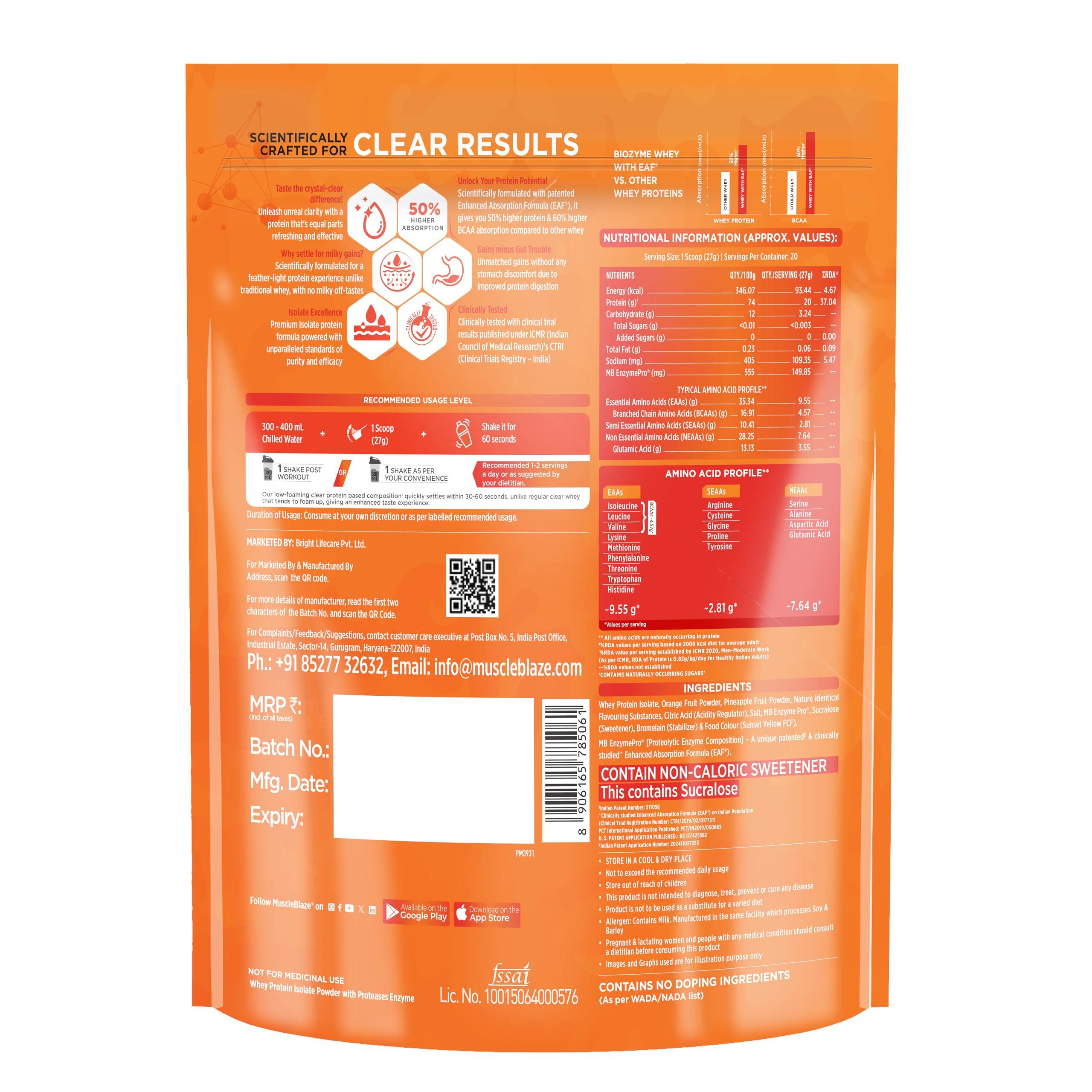 MuscleBlaze MuscleBlaze Biozyme Clear Whey Protein Isolate | 20g Protein, 92 Calories, Zero Added Sugar (Icy Orange Flavour, 20 Servings)