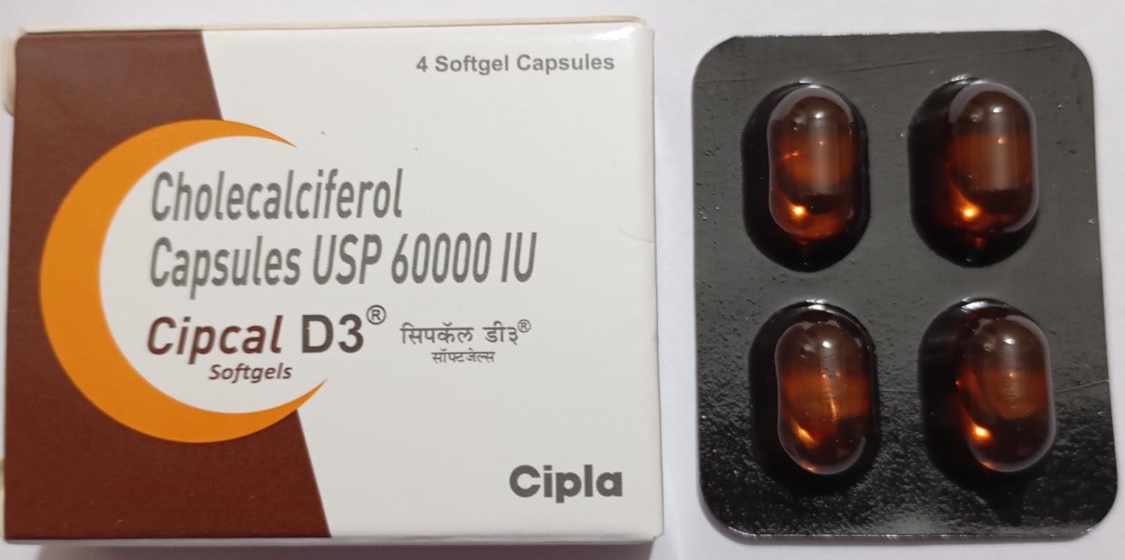 Cipcal Cipcal D3 Cholecalciferol USP 60000 IU- 4 Capsules of Cipla
