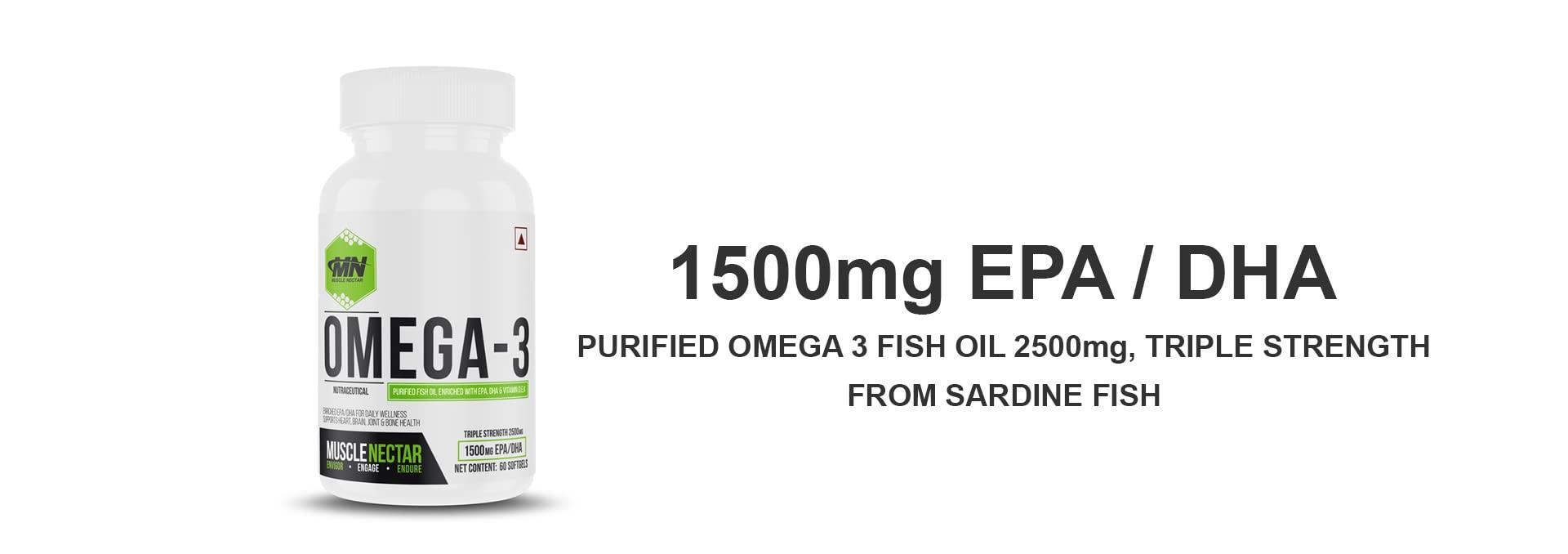 Muscle Nectar Muscle Nectar (MN) Omega 3 Fish Oil Triple Strength 2500mg for Men & Women - Molecularly Distilled (1500mg EPA/DHA) (60 Soft gels)
