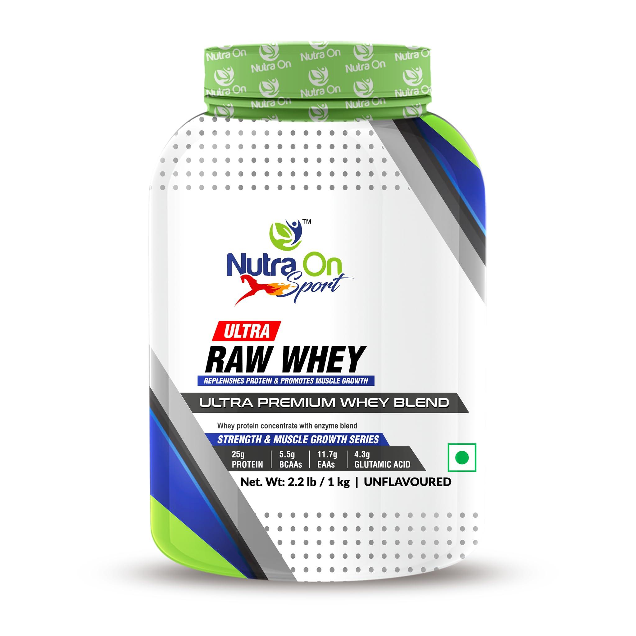 Nutra On Nutra On Sports Ultra Raw Whey Protein Concentrate with Enzyme blend | 25g Protein I 5.5g BCAA I 11.7g EAA I 4.3g Glutamic Acid I Tested for purity - Unflavoured - 1 kg (30 Servings)