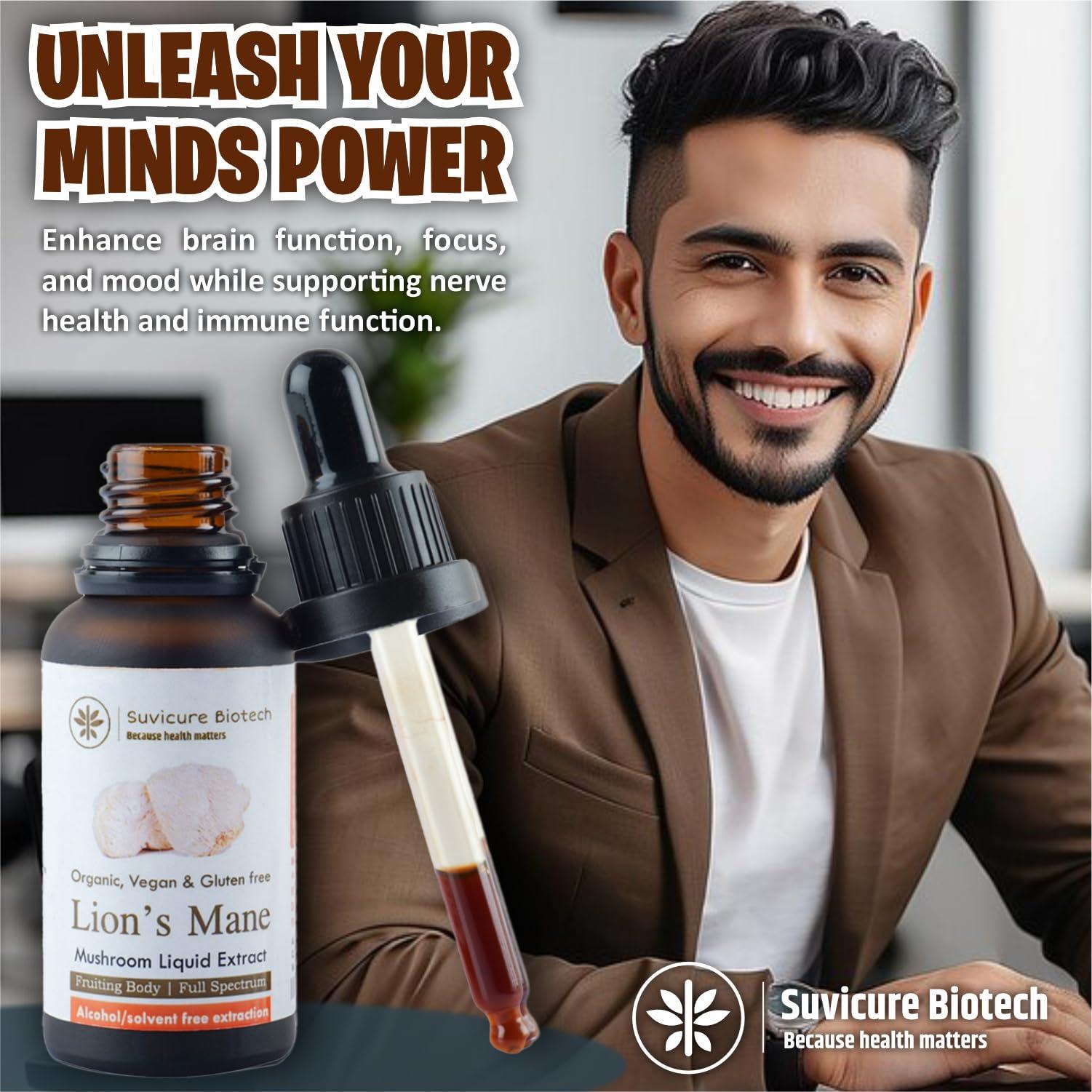 Suvicure Biotech Suvicure Biotech Lion\'s Mane Mushroom Liquid Extract - 30ml | Supports Cognitive Function, Focus, Mental Clarity, Mood, and Brain Health | Natural Herbal Supplement | 60 Servings