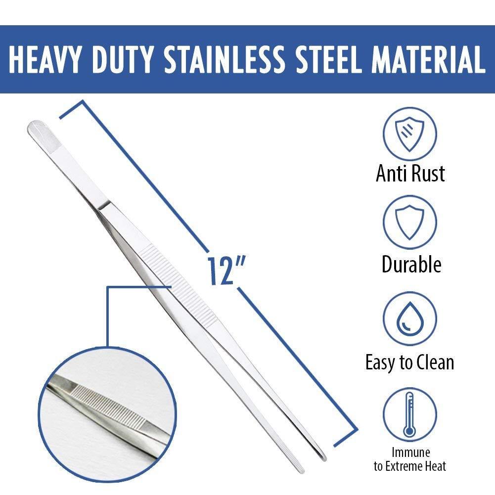 FYBREX Heavy Duty 12 inches Stainless Steel Tweezers Straight Tips All-purpose Forceps Tweezers Tongs and Comfortable Ridged Handle for Crafting Cooking Repairing General Purpose Medical and Beauty